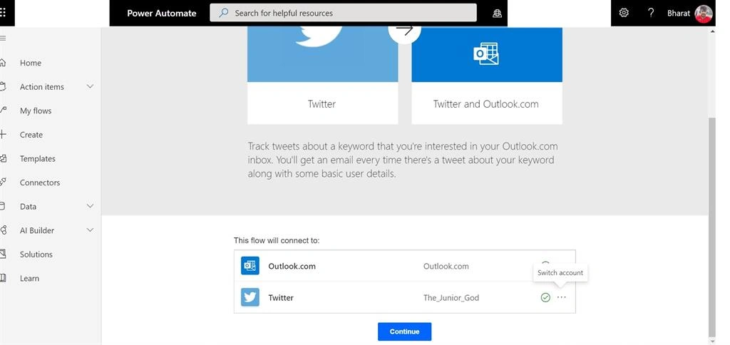 Simple Flow For A Twitter Tweet Notification To Outlook