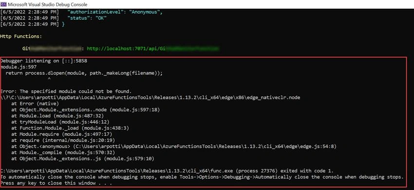 Error while running Azure Function