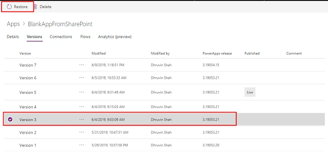 Restore Previous Version Of The Solution In PowerApps