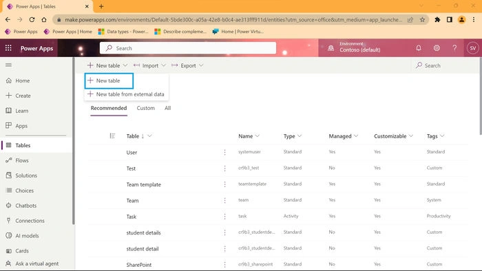 Create Power Apps Tables and Columns