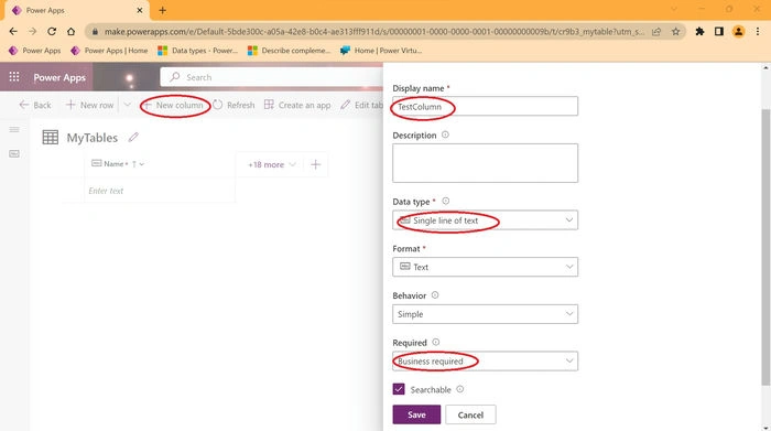 Create Power Apps Tables and Columns