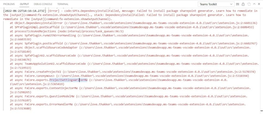 Failed to Install SharePoint Generator in Setting up MS Teams Tab