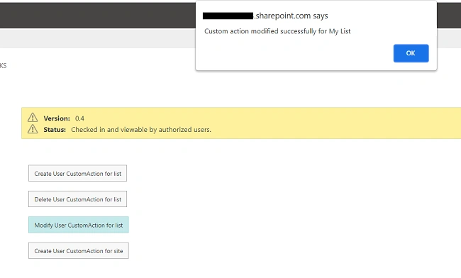 Add, Modify and Delete User custom action for list or library item