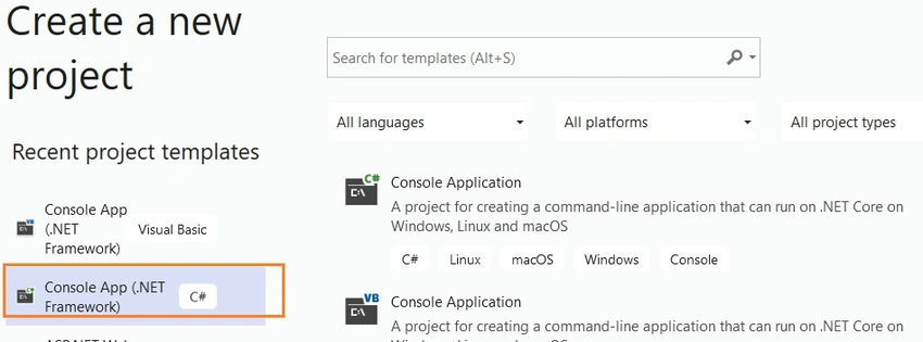 New project in Visual studio
