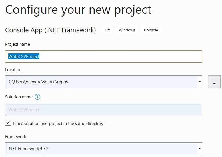 CSV Configure new project
