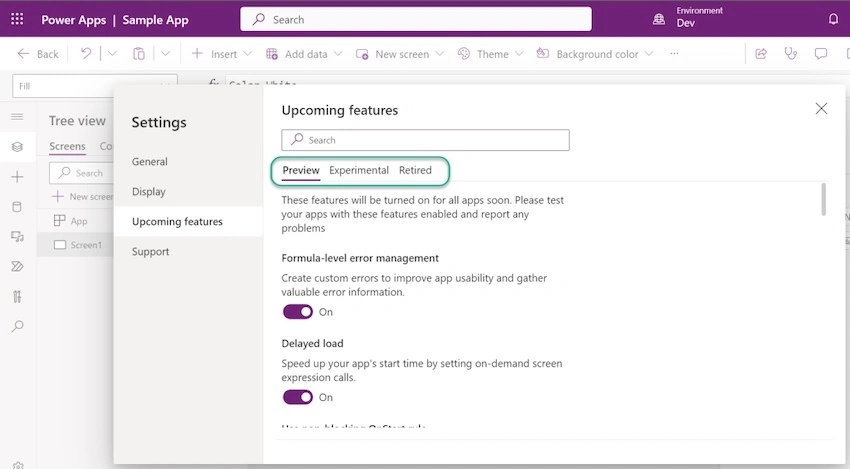 Preview, Experimental and Retired features in Canvas Apps?