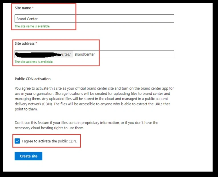 Create site button