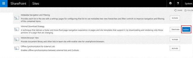 Minimum Download Strategy was a new feature introduced in SharePoint 2013 to improve the page rendering performance by downloading only the content that has changed between the current page and requested page. By default MDS is enabled in the site which can be verified by going to the site features. MDS uses a single file (start.aspx) present in the layouts folder for all the pages. The actual URL will be encoded following the hash mark in the URL as shown below: /_layouts/15/start.aspx#/Shared%20Documents/Forms/AllItems.aspx So, say when moving from home page to shared documents, only the changes in contents between the two pages will be downloaded. However MDS can cause problems in some scenarios where customization has been applied through JS Link. So I had to disable MDS across the sites to get the JSLink customization working. We can do that using PowerShell. Spin up SharePoint 2016 Management Shell. Run the below code which will loop through the sites and disable MDS feature. $SPWebApplication = Get-SPWebApplication -Identity "http://SharePoint2016" $SPSiteCollection =$SPWebApplication | Get-SPSite -limit all foreach ($SPSite in $SPSiteCollection) { $SPWebs = $SPSite | Get-SPweb -limit all foreach ($SPWeb in $SPWebs) { Disable-SPFeature -Identity "87294c72-f260-42f3-a41b-981a2ffce37a" -url $SPWeb.URL -Confirm:$False } } Heading over to the features page, we can verify that the MDS feature has been disabled. Summary: Thus we saw how to disable Minimum Download strategy across sites in SharePoint Server 2016.