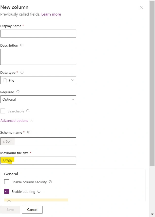 Increase File Column Size in Dataverse