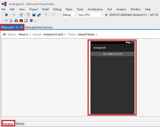 Introduction - Xamarin is platform to develop the cross-platform and multi-platform apps. (Ex. Windows phone,android,ios) in the  xamarin platform is code sharing concept used. in the xamarin studio is avalable in the visual studio also.   Analog Clock is used to Display the Time in Analog format.   Prerequisites - Visual studio 2015 update 3   The following steps need to be followed in order to create a Analog Clock control in Xamarin Android app. using visual studio 2015.   Step 1 - Click file-- /> Select New--> Next select Project. the project click after open the all type of projects. in the visual studio.  or click (Ctrl+Shift+N)  Step 2 - After open the New Project Select Installed-->Templates-->Visual c#-->Android-->choose the Blank App (Android).  Next give your android app name(Ex:sample) and give path of your project. after give all click ok.   Step 3 - Next go to the solution explorer. in the solution explorer is have the all files and source in your project.  Next Select Resource-->Layout-->double click to open main.axml page. you want select source to write the xaml code.  you want design choose the designer window you can design your app.   Step 4 - After open the main.axml file will open the main page designer. in this page which type you want you can design this page.   Step 5 - Next Delete the Default hello world button  go to the source panel you can see the button codeing. you will delete it.   Step 6 - After delete the xaml code next delete the c# button action code.  go to the MainActivity.cs page. you will delete the button code.   Step 7 - After delete the hello world button code you will see your app. the button is deleted.   Next go to the toolbox window in the toolbox window is have the all type of the tools and control.You will go to the toolbox window. next scrol down  you will see the Analog Clock control.   you will trag and trop the Analog Clock control in your main.axml page whatever.   Step 8 - After trag and trop the Analog clock.you will see in your app.   code   Main.axml   <?xml version=