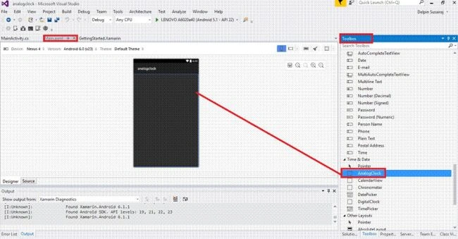 Introduction - Xamarin is platform to develop the cross-platform and multi-platform apps. (Ex. Windows phone,android,ios) in the  xamarin platform is code sharing concept used. in the xamarin studio is avalable in the visual studio also.   Analog Clock is used to Display the Time in Analog format.   Prerequisites - Visual studio 2015 update 3   The following steps need to be followed in order to create a Analog Clock control in Xamarin Android app. using visual studio 2015.   Step 1 - Click file-- /> Select New--> Next select Project. the project click after open the all type of projects. in the visual studio.  or click (Ctrl+Shift+N)  Step 2 - After open the New Project Select Installed-->Templates-->Visual c#-->Android-->choose the Blank App (Android).  Next give your android app name(Ex:sample) and give path of your project. after give all click ok.   Step 3 - Next go to the solution explorer. in the solution explorer is have the all files and source in your project.  Next Select Resource-->Layout-->double click to open main.axml page. you want select source to write the xaml code.  you want design choose the designer window you can design your app.   Step 4 - After open the main.axml file will open the main page designer. in this page which type you want you can design this page.   Step 5 - Next Delete the Default hello world button  go to the source panel you can see the button codeing. you will delete it.   Step 6 - After delete the xaml code next delete the c# button action code.  go to the MainActivity.cs page. you will delete the button code.   Step 7 - After delete the hello world button code you will see your app. the button is deleted.   Next go to the toolbox window in the toolbox window is have the all type of the tools and control.You will go to the toolbox window. next scrol down  you will see the Analog Clock control.   you will trag and trop the Analog Clock control in your main.axml page whatever.   Step 8 - After trag and trop the Analog clock.you will see in your app.   code   Main.axml   <?xml version=