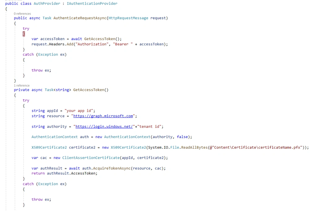 Send an Email using graph api with certificates in a .net application