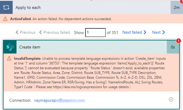Unable to process template language expression in action ‘Create item’ inputs at line1