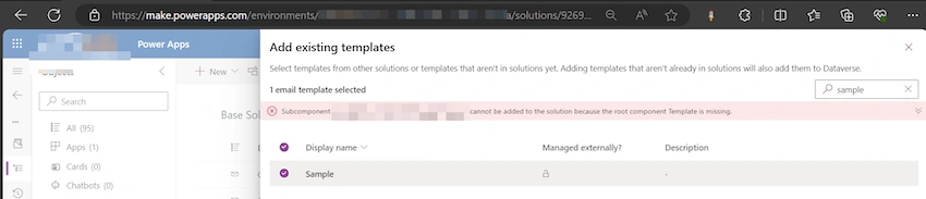 Subcomponent cannot be added to the solution in Dataverse