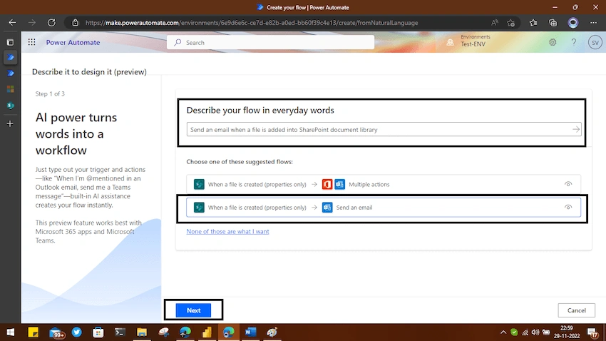 Create Power Automate flow using Natural Language