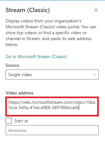 Video Embed using Stream Classic webpart in SharePoint Online Modern Page