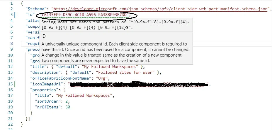 SharePoint Online - SPFX Issue In Webpart.manifests.json - WebPart Id - String does not match the pattern of "^[0-9a-f]{8}-[0-9a-f]{4}-[0-9a-f]{4}-[0-9a-f]{4}-[0-9a-f]{12}$".