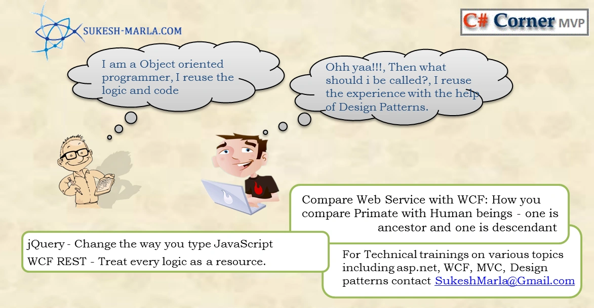 Technical training at reasonable price For Technical training on various topics including asp.net,WCF, MVC and design patterns contact SukeshMarla@Gmail.com