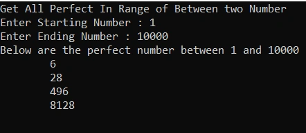 Get All Perfect Number In A Range Of Two Numbers