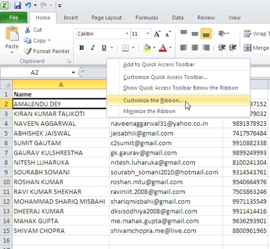 customize the ribbon option in excel