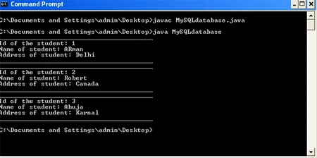 output of mysql connectivity program on console