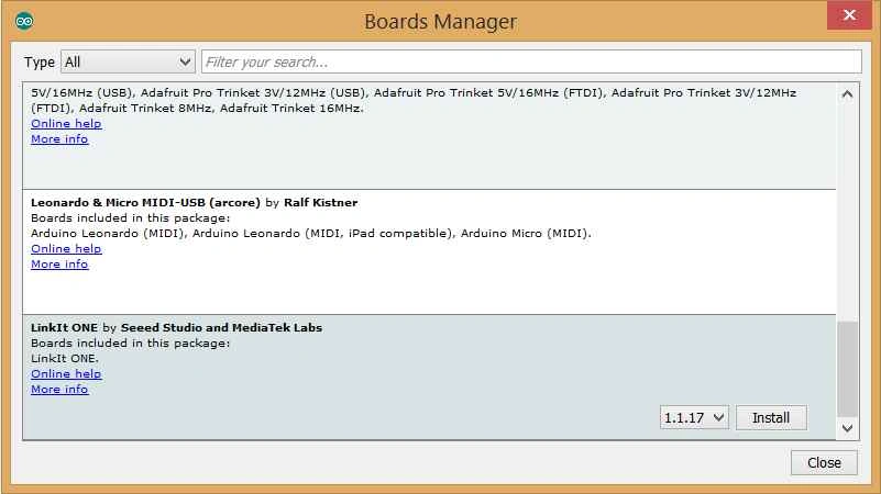Select the latest LinkIt ONE SDK version and click Install