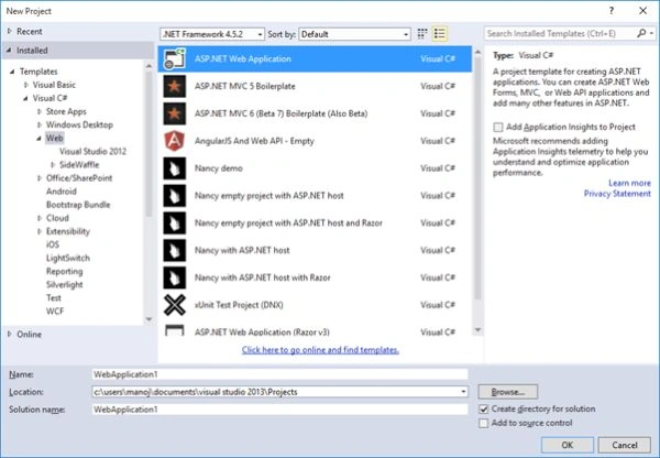 New Project Dialog box In Visual Studio 2013