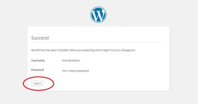 WordPress Installation Success page