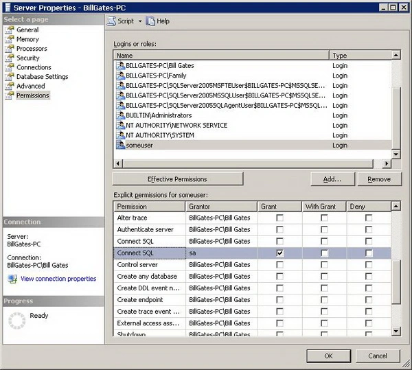 Figure 6 - Permissions page in Server Properties dialog Figure 6 - Permissions page in Server Properties dialog