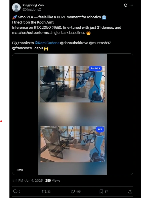 Twitter post for SmolVLA