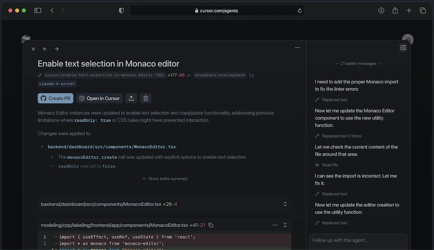 Cursor Agent on the web with a diff, conversation, and pull request.