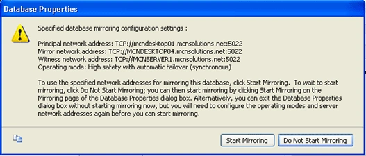 Database Mirroring Configuration Settings