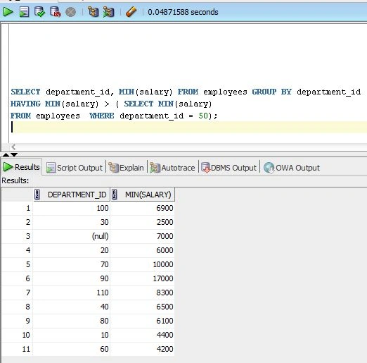 Single Row Subquery with Having