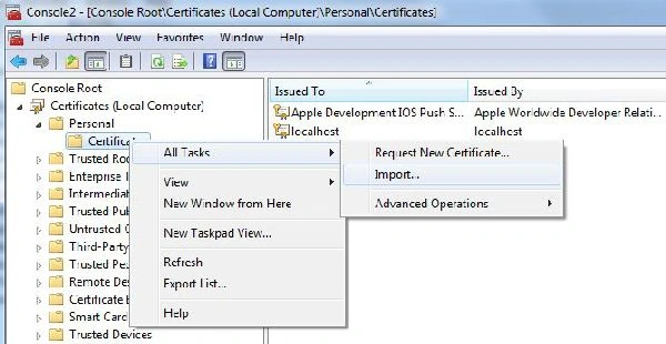 Import certificate in MMC