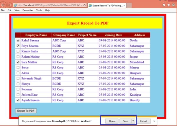 click on Export to PDF button