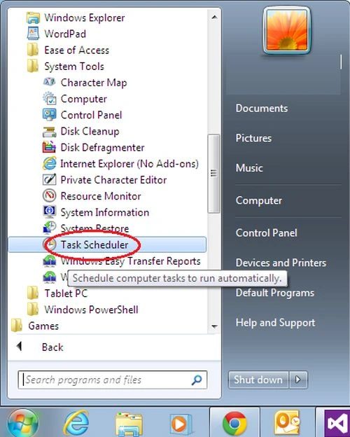 Task scheduler in startmenu