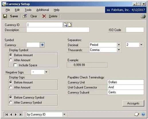 Open the Currency Setup window