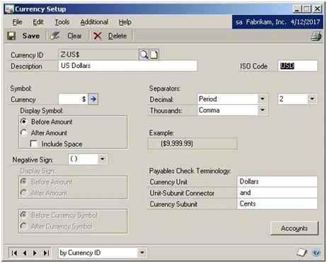 Select the Currency to set the ISO code
