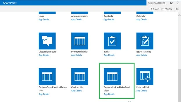 Custom List in Datasheet view
